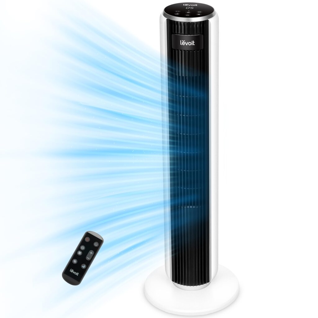 LEVOIT Ventilador de Torre con Mando a Distancia, Ventilador Silencioso 28dB y 39W, Oscilación 90° con 7m/s, 4 Modos 5 Velocidades, Temporizador 12 Horas, Fácil de Montar para Dormitorio