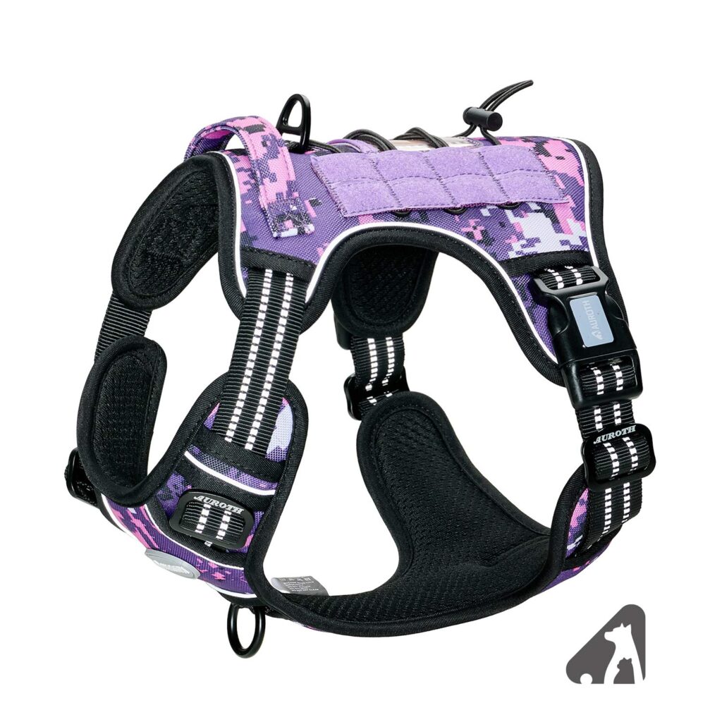 Auroth Tactical Dog Harness for Small Medium Large Dogs No Pull Adjustable Pet Harness Reflective K9 Working Training Easy Control Pet Vest Military Service Dog Harnesses (M, Purple Camo)