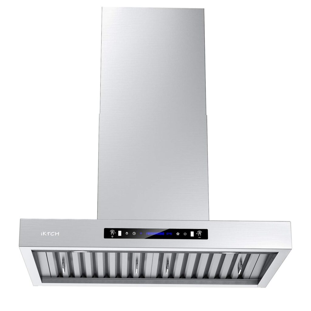 IKTCH 30 Inch Wall Mount Range Hood with 900 CFM, Stainless Steel Backsplash, 4-Speed Fan, Ducted/Ductless Vent, Gesture Sensing & Touch Control, Durable Stainless Steel