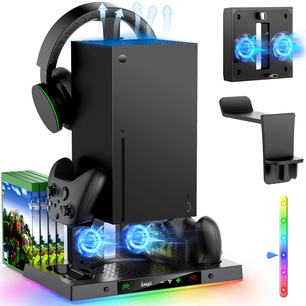 MENEEA Upgraded Cooling Fan Charging Station for Xbox Series X Console & Controller, Dual Charger Dock & Cooler System Stand with 15 Colorful Lights for Xbox Series X Accessories Kit