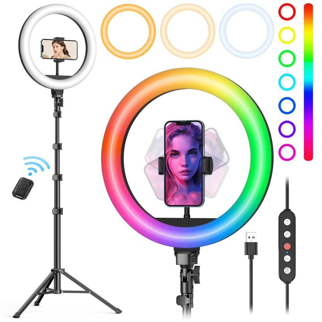 Weilisi 10″ Selfie Ring Light with Tripod Stand, 72” Tall & Phone Holder, 38 Color Modes, Stepless Dimmable/Speed LED Ring Light for iPhone & Android,YouTube, Makeup,TIK Tok