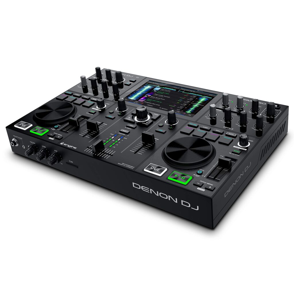 Denon DJ PRIME GO – Portable DJ Controller and Mixer with 2 Decks, WIFI Streaming, 7-Inch HD Touchscreen, DJ Set with Lights Control and Rechargeable Battery