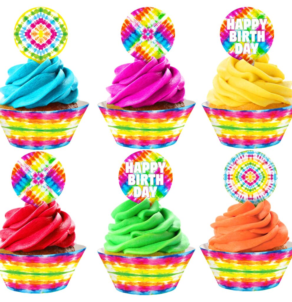 Tie Dye Cupcake Toppers and Wrappers – 24 Cupcake Toppers and 24 Cupcake Wrappers – Tie Dye Party Supplies – Tie Dye Party Decorations – Art Party Supplies – Rainbow Party Decorations – Cupcake 2