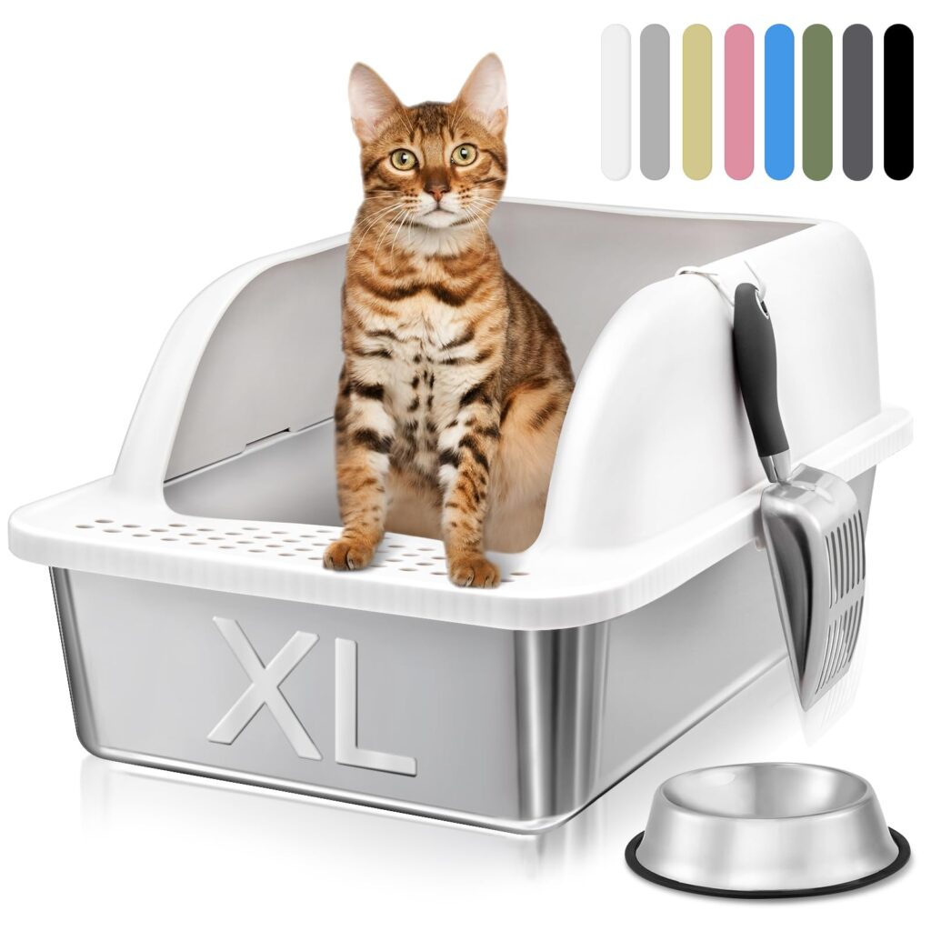 KareCute Stainless Steel Litter Box, 24” x 16” x 12” Metal Cat Litter Box, Non-Stick XL Litter Boxes for Big Cats with High Sides, Enclosed Cat Litter Boxes Odor Control Easy Clean(White)