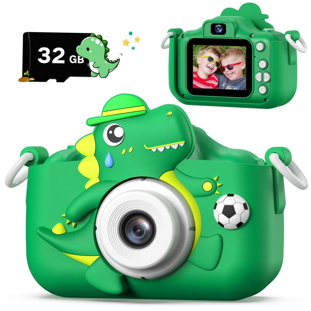 Dinosaur Kids Camera for Boys Girls, Toddler Digital Selfie Camera with Cute Protective Cover and 32G SD Card, Christmas Birthday Gifts Toys for 3 4 5 6 7 8 9 10 11 12 Years Old Little Girls and Boys